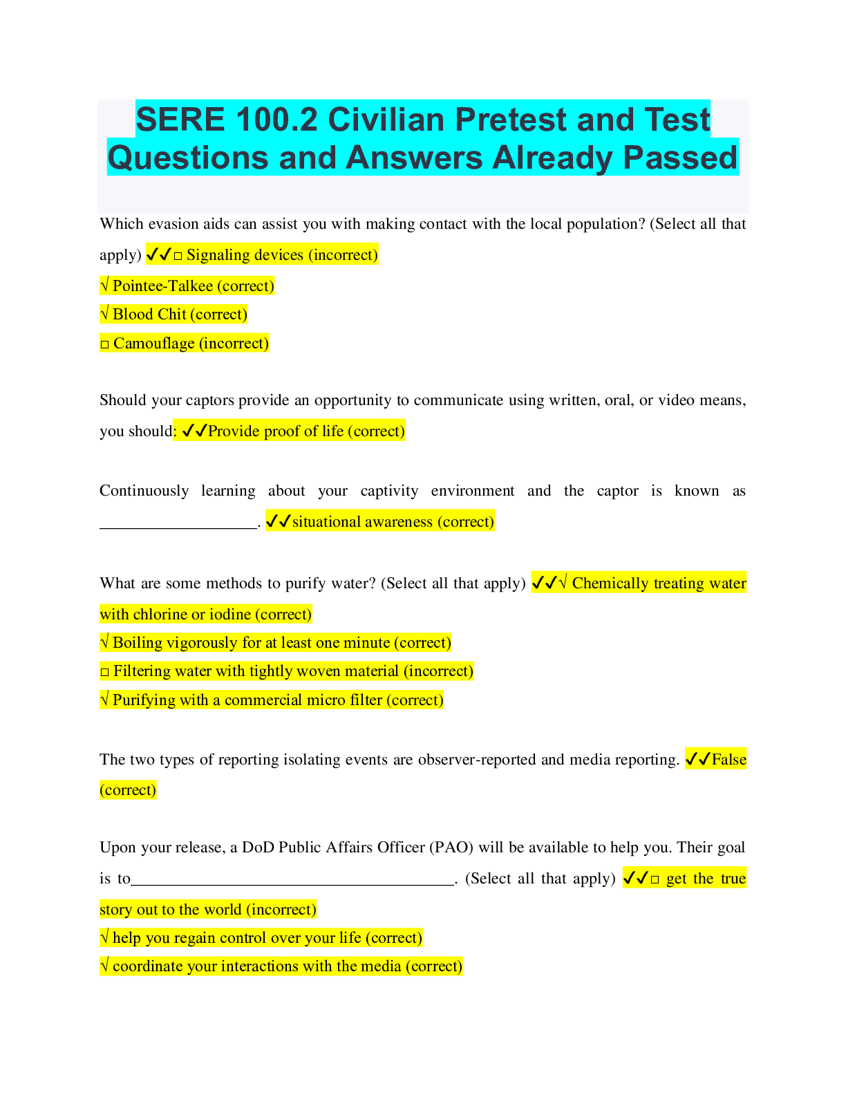 SERE 100.2 Civilian Pretest and Test Questions and Answers Already Passed